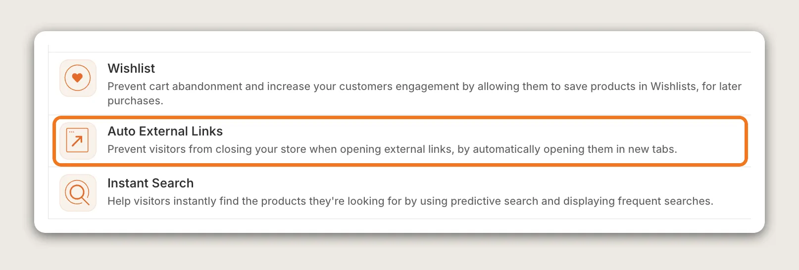 Vitals apps list with the Auto External Links row highlighted between Wishlist and Instant Search