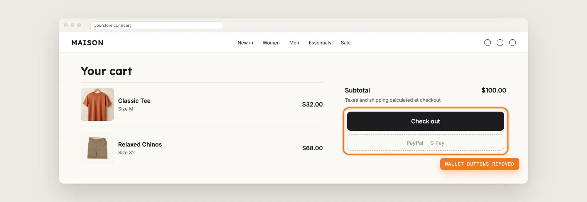 A cart page with only the Check out button, and the PayPal and Google Pay buttons removed
