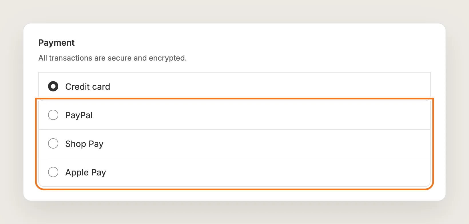 Shopify checkout payment step with PayPal, Shop Pay and Apple Pay still listed