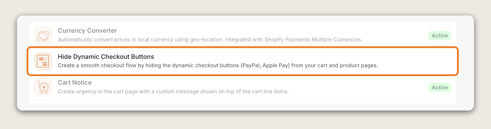 Vitals apps list with the Hide Dynamic Checkout Buttons row highlighted