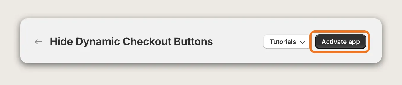 Vitals Hide Dynamic Checkout Buttons page header with the Activate app button highlighted