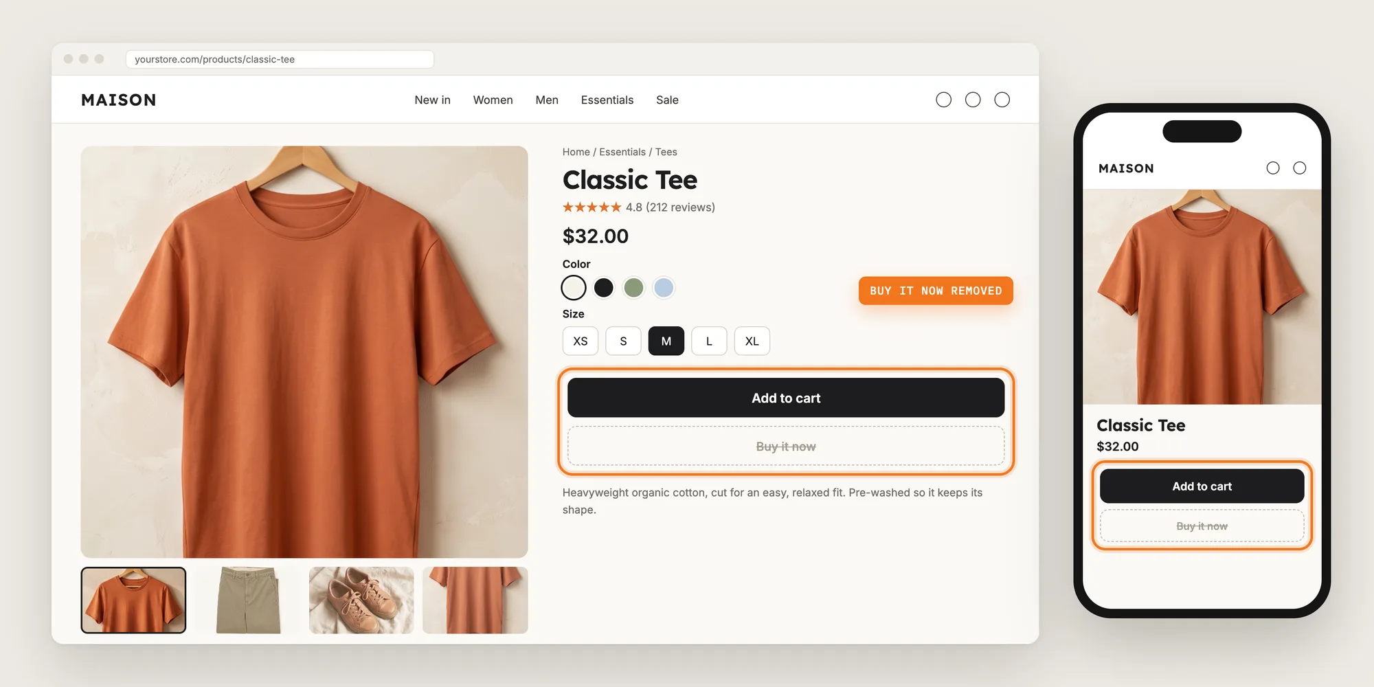 A Shopify product page on desktop and mobile with only the Add to cart button, and the Buy it now button removed