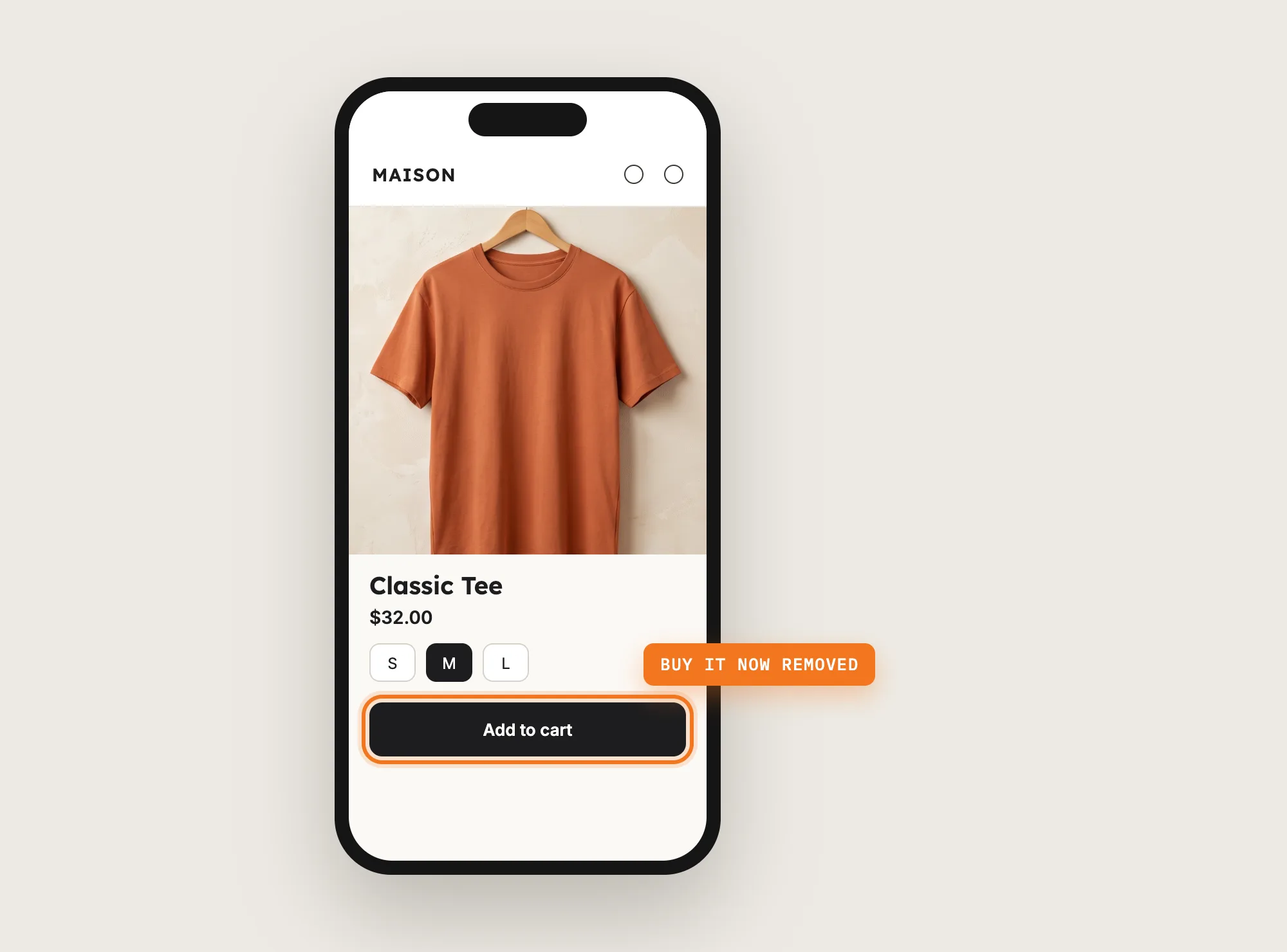 A phone showing a product page with only the Add to cart button