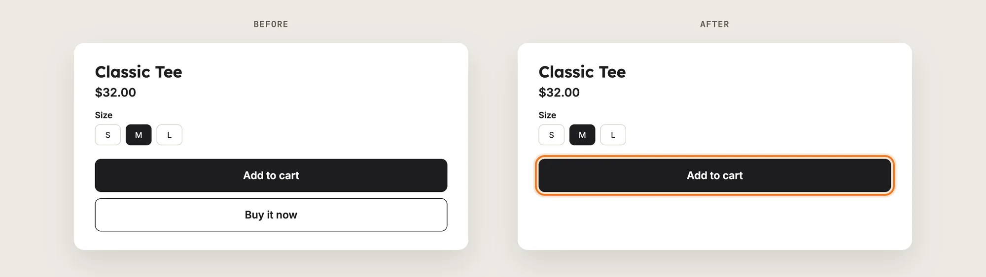 A product card before, with Add to cart and Buy it now, and after, with only Add to cart