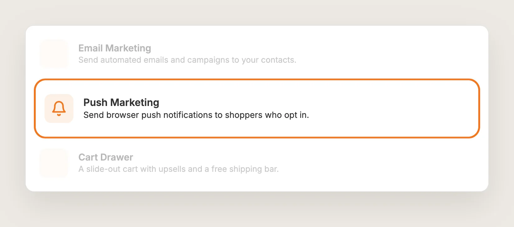 Vitals apps list with the Push Marketing row highlighted