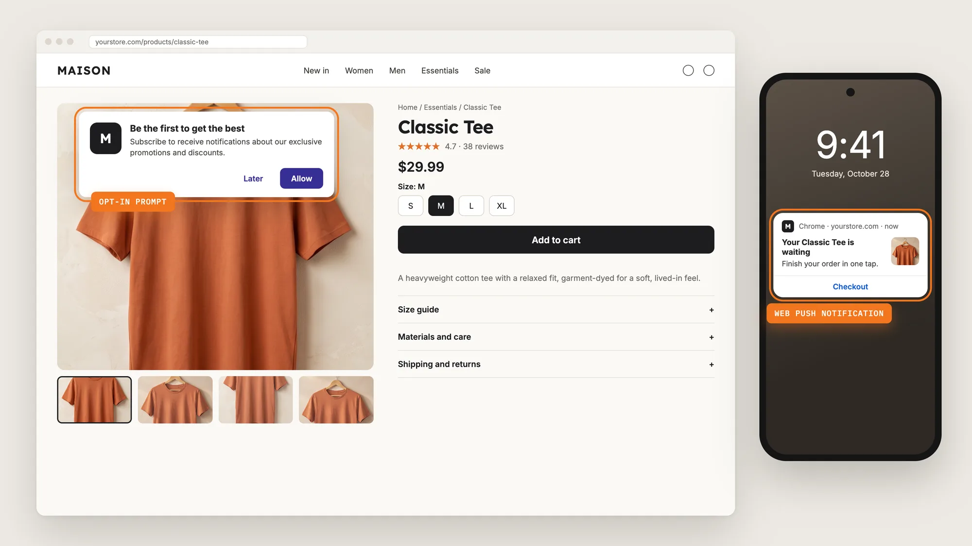 A Shopify product page on desktop with the web push notifications opt-in prompt highlighted, and a phone receiving an abandoned cart push from the MAISON store