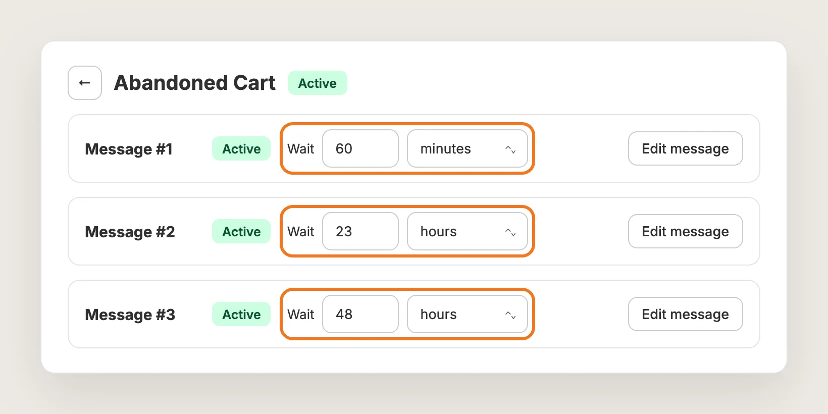Abandoned Cart automation page with Message #1, #2 and #3 and their Wait fields highlighted