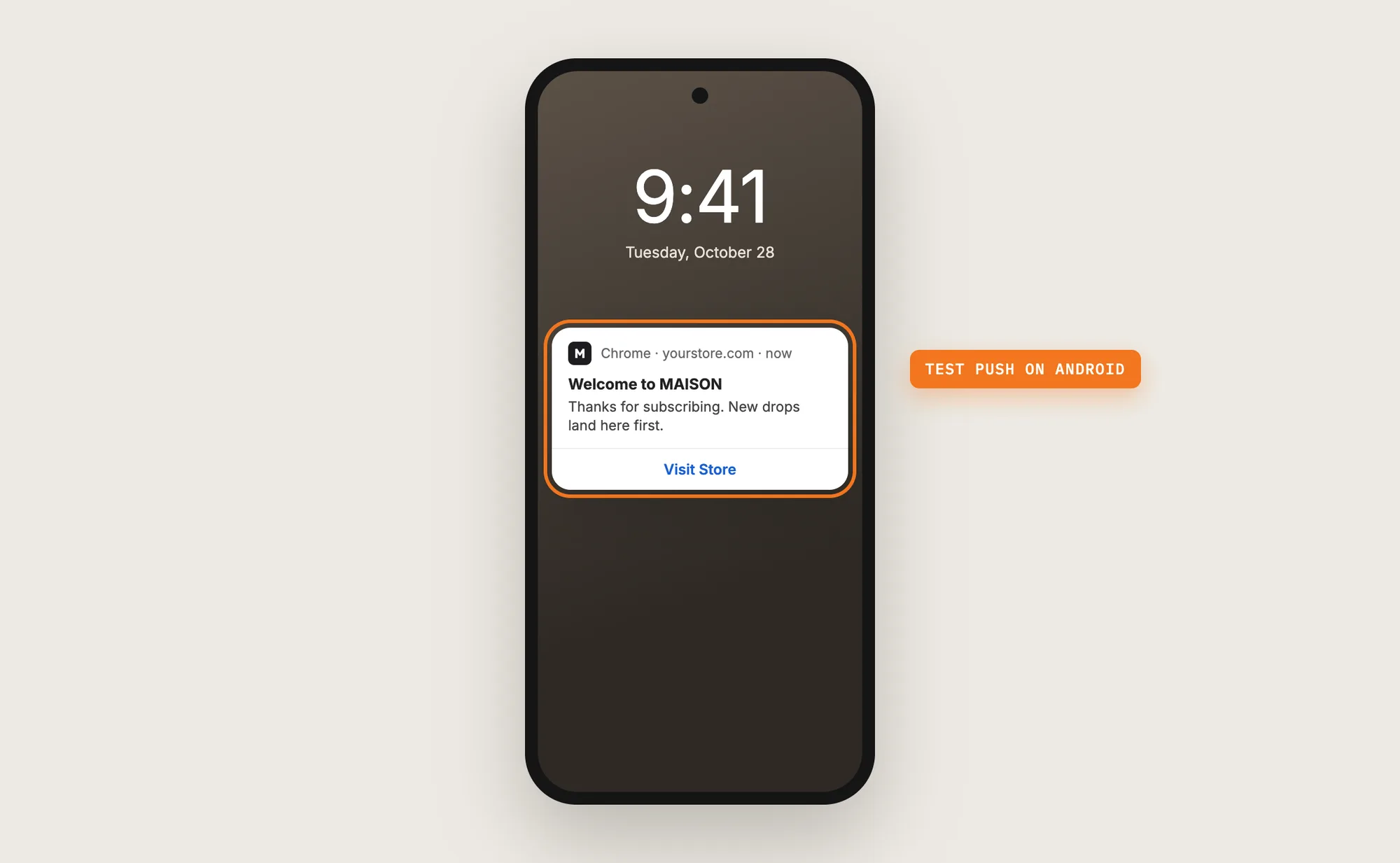 An Android phone lock screen with a Welcome to MAISON web push notification highlighted