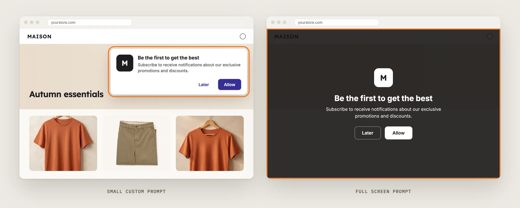 Two store pages, one with the Small Custom Prompt at the top and one with the Full Screen Prompt filling the page