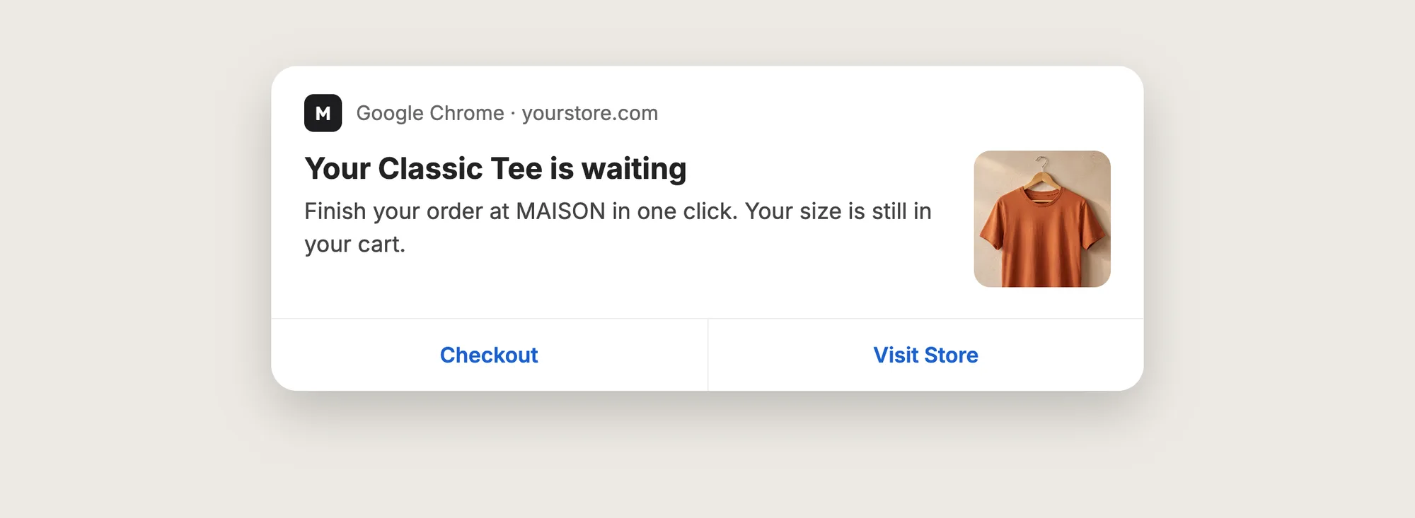 Close-up of a web push notification from yourstore.com with the title "Your Classic Tee is waiting", a product image and Checkout and Visit Store buttons