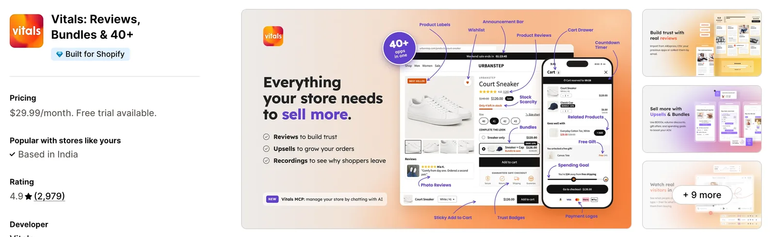 Vitals listing on the Shopify App Store with the Install button