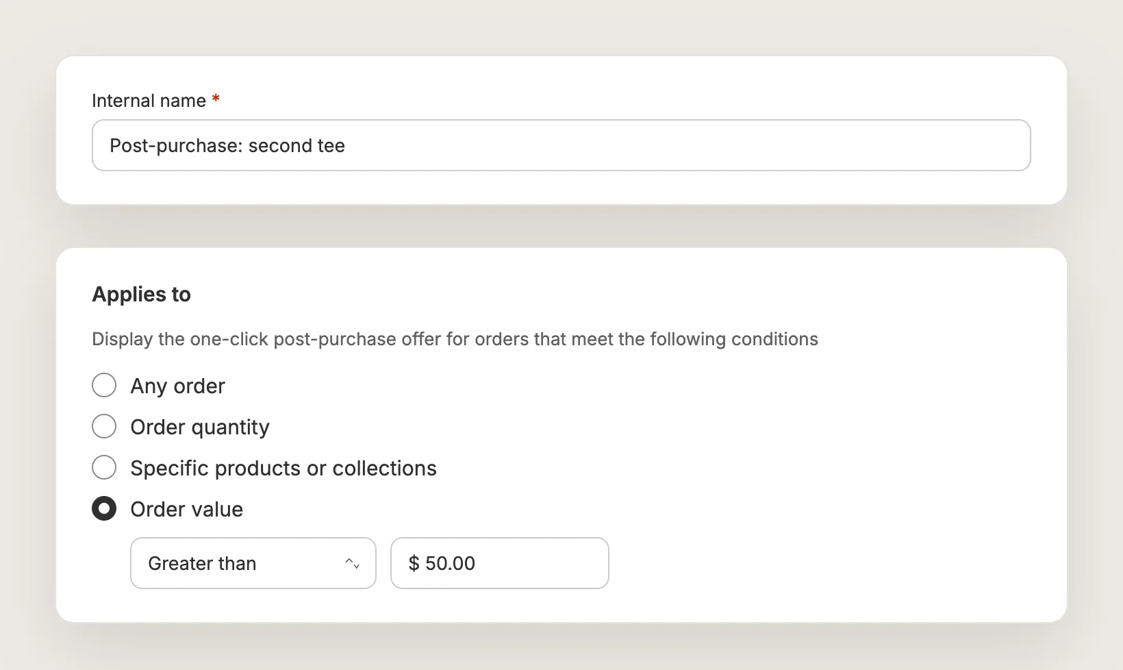 Vitals Applies to card with Any order, Order quantity, Specific products or collections and Order value, with Order value selected