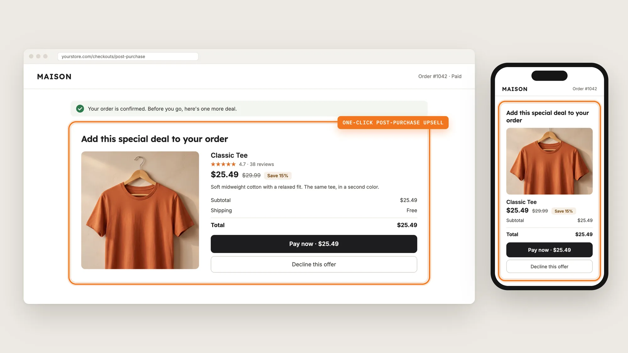 A Shopify post-purchase page on desktop and mobile with the one-click upsell offer highlighted
