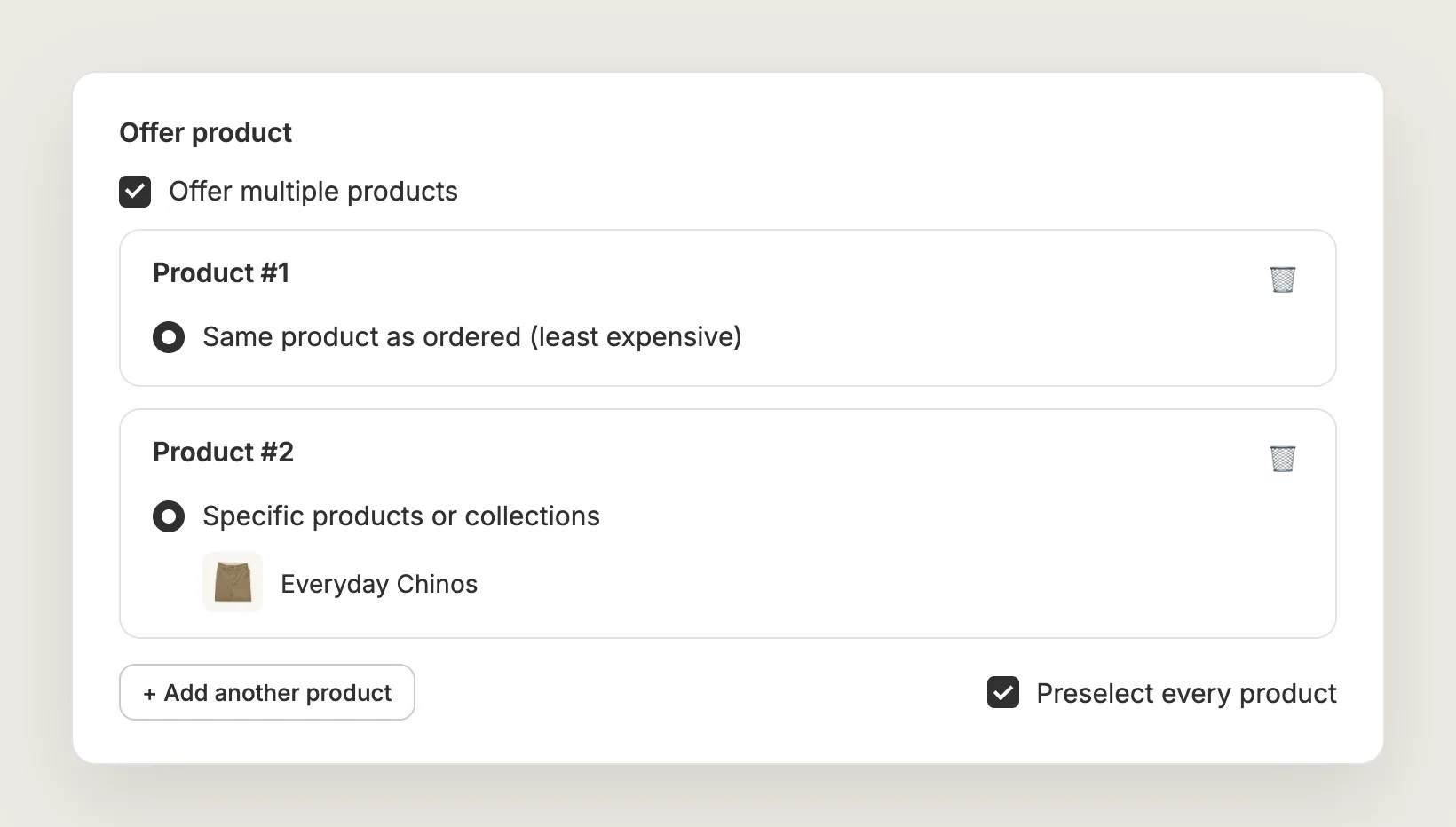Vitals Offer product card with Offer multiple products ticked, Product #1 and Product #2 cards and Preselect every product