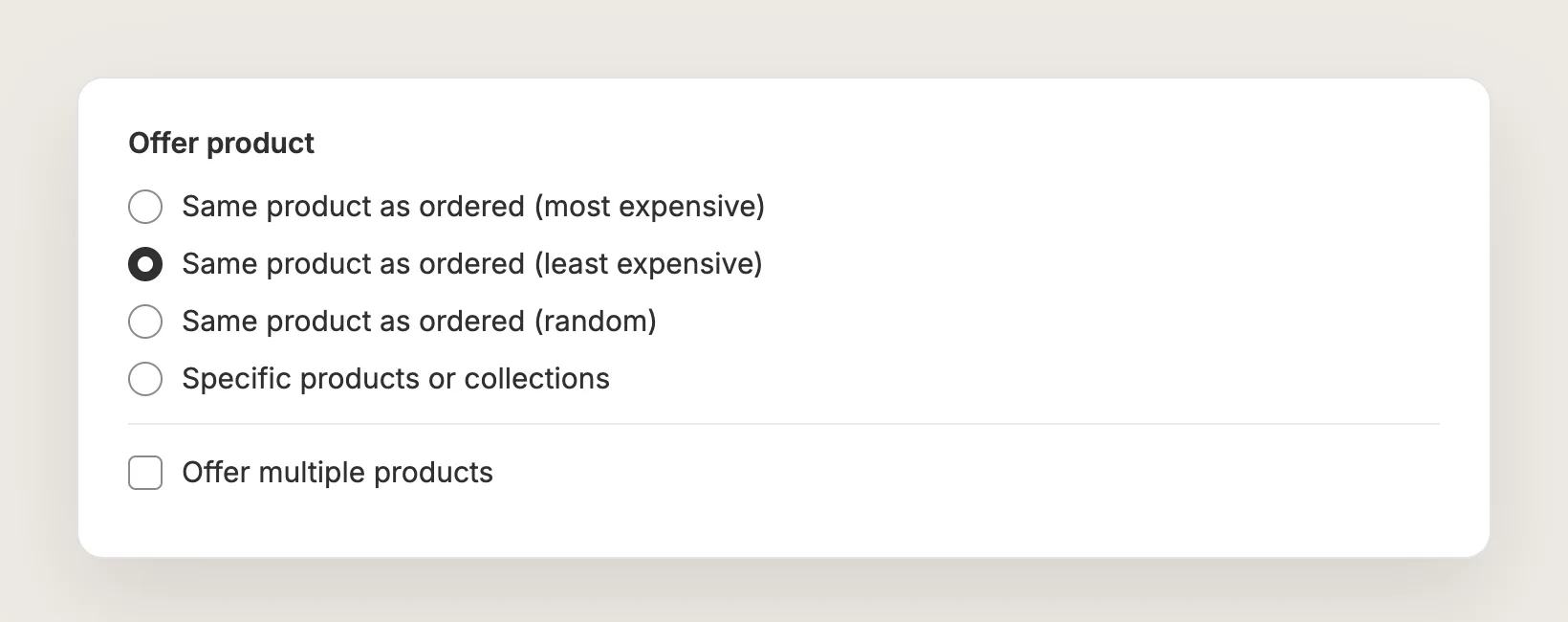 Vitals Offer product card with Same product as ordered (least expensive) selected
