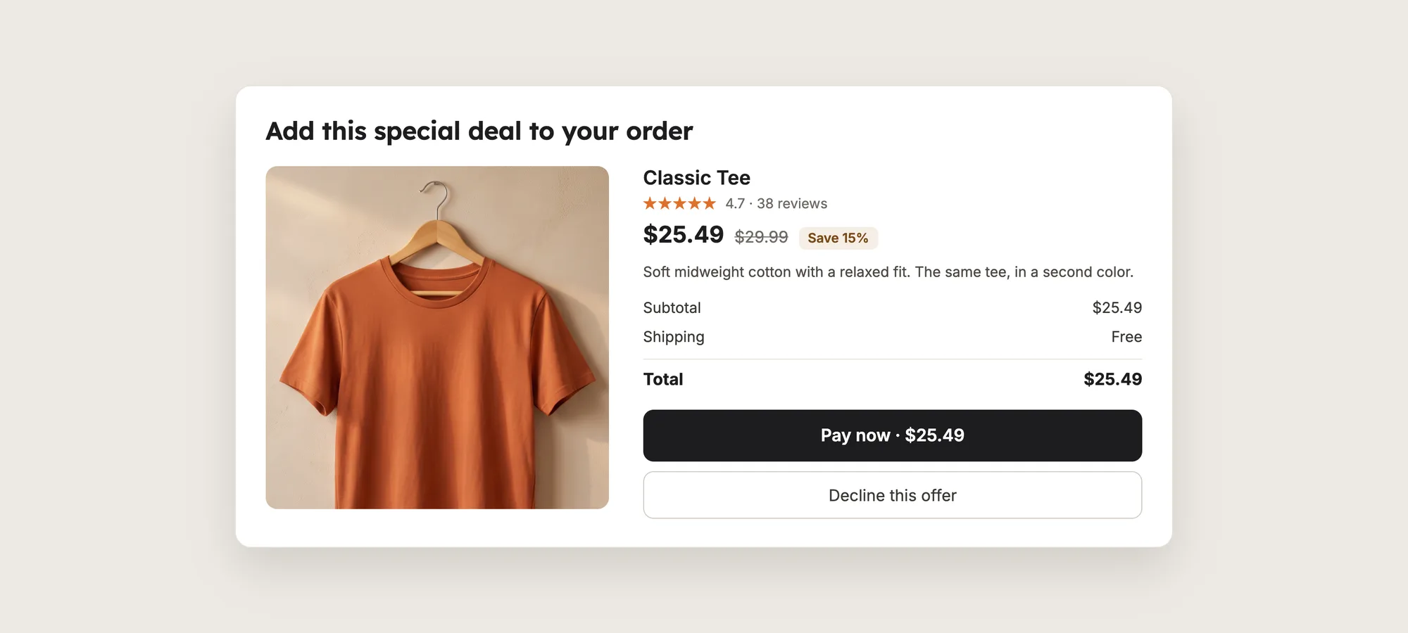 Close-up of a post-purchase upsell offer with the product, the discounted price, a Pay now button and a Decline this offer link