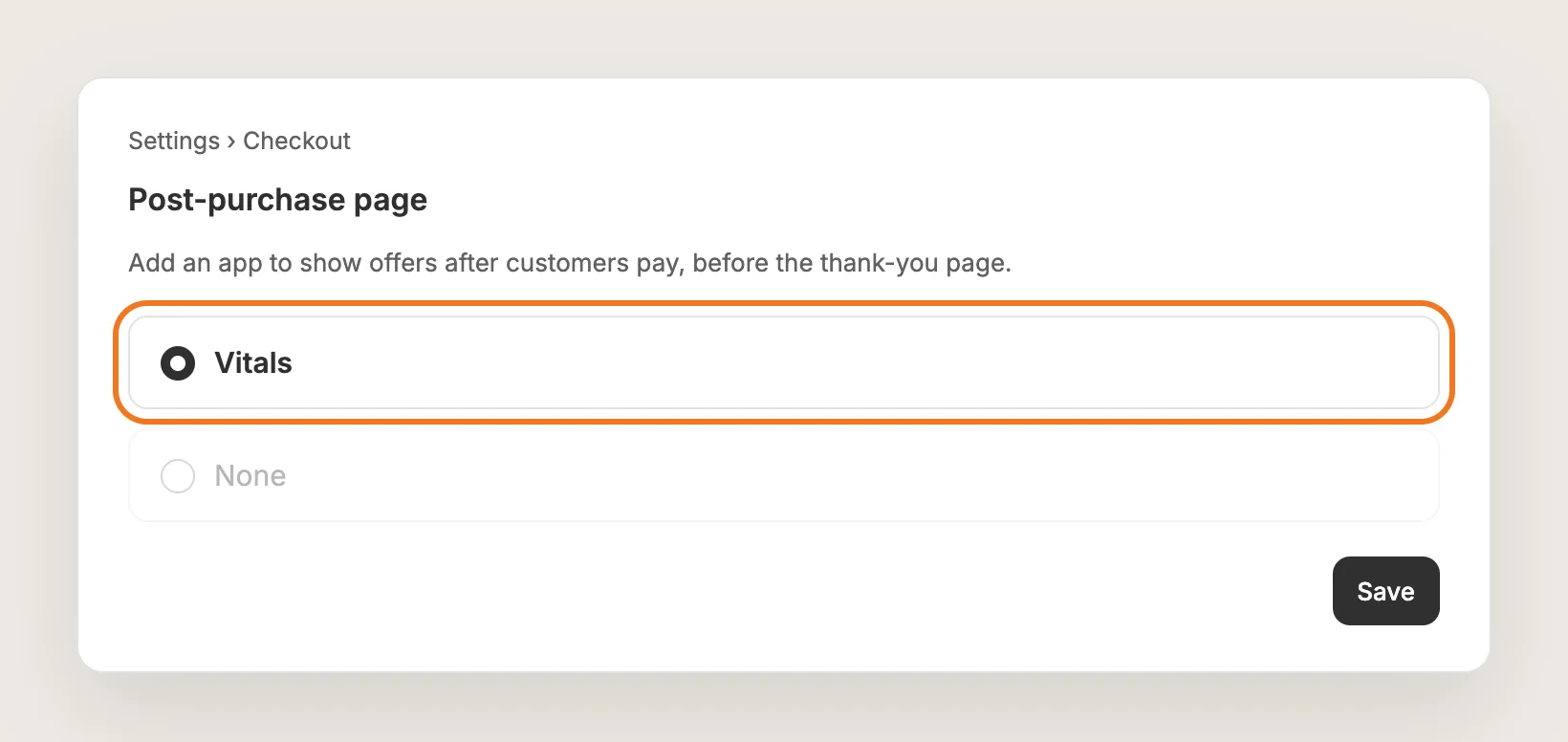Shopify Checkout settings, Post-purchase page section with Vitals selected