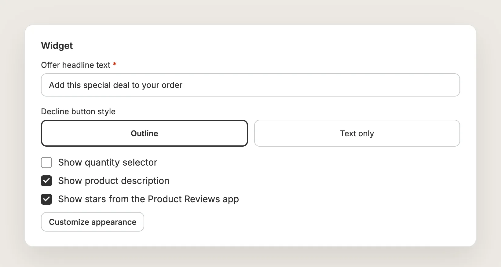 Vitals Widget card with Offer headline text, Decline button style, Show quantity selector, Show product description and Show stars from the Product Reviews app