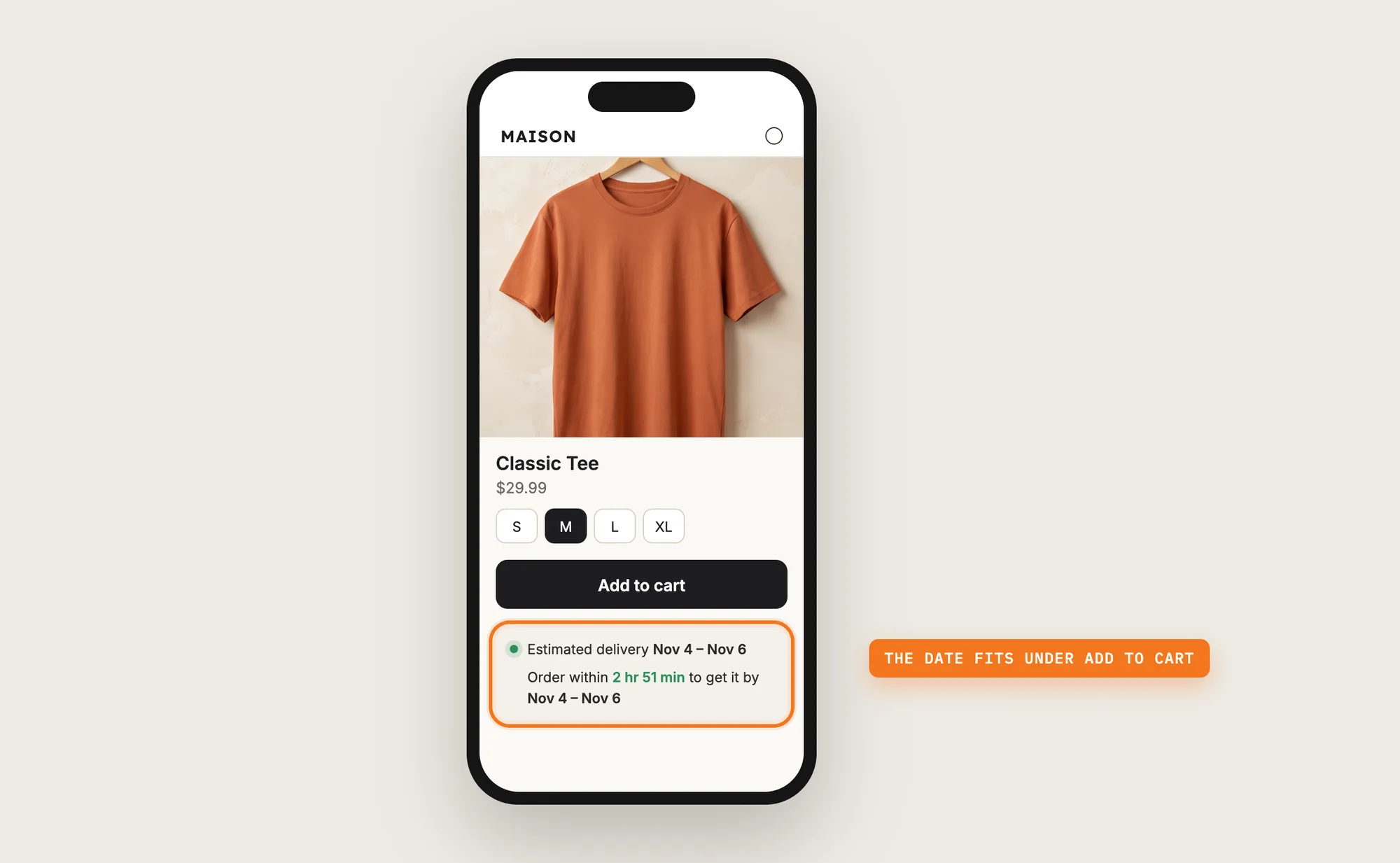 A phone showing a product page with the estimated delivery date and countdown under the Add to cart button