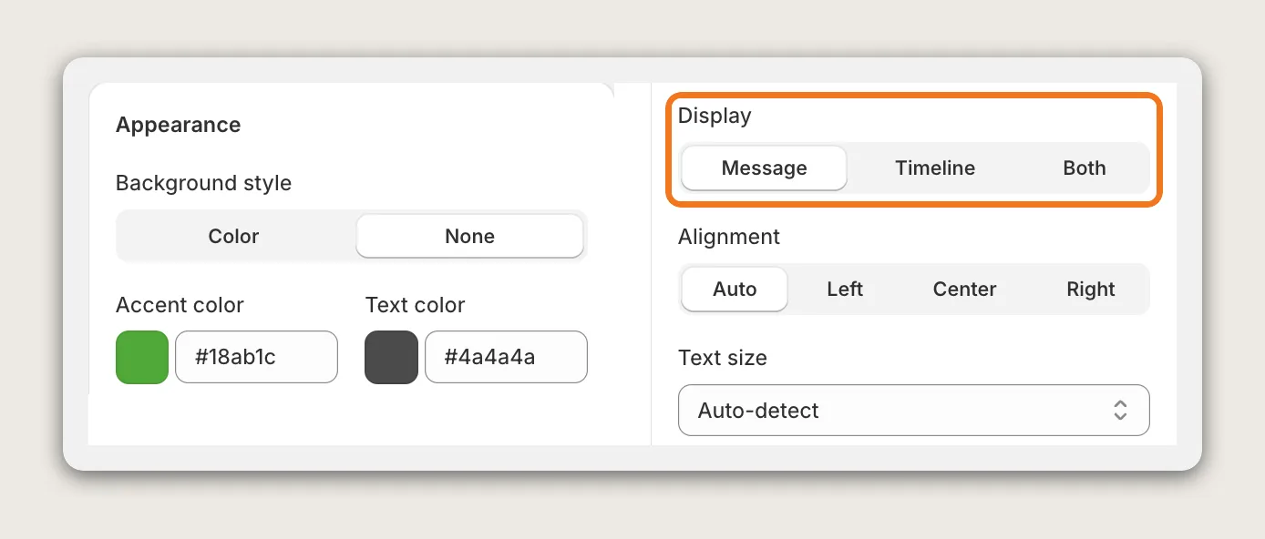 Vitals Shipping Information Appearance card with the Display options Message, Timeline and Both highlighted