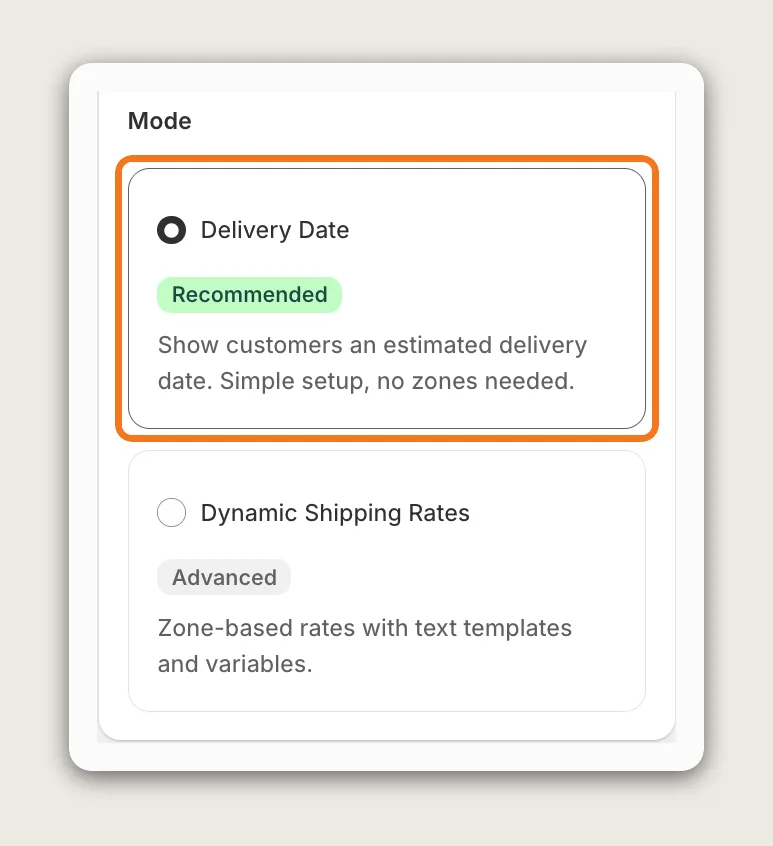 Vitals Shipping Information Mode card with the Delivery Date option highlighted above Dynamic Shipping Rates