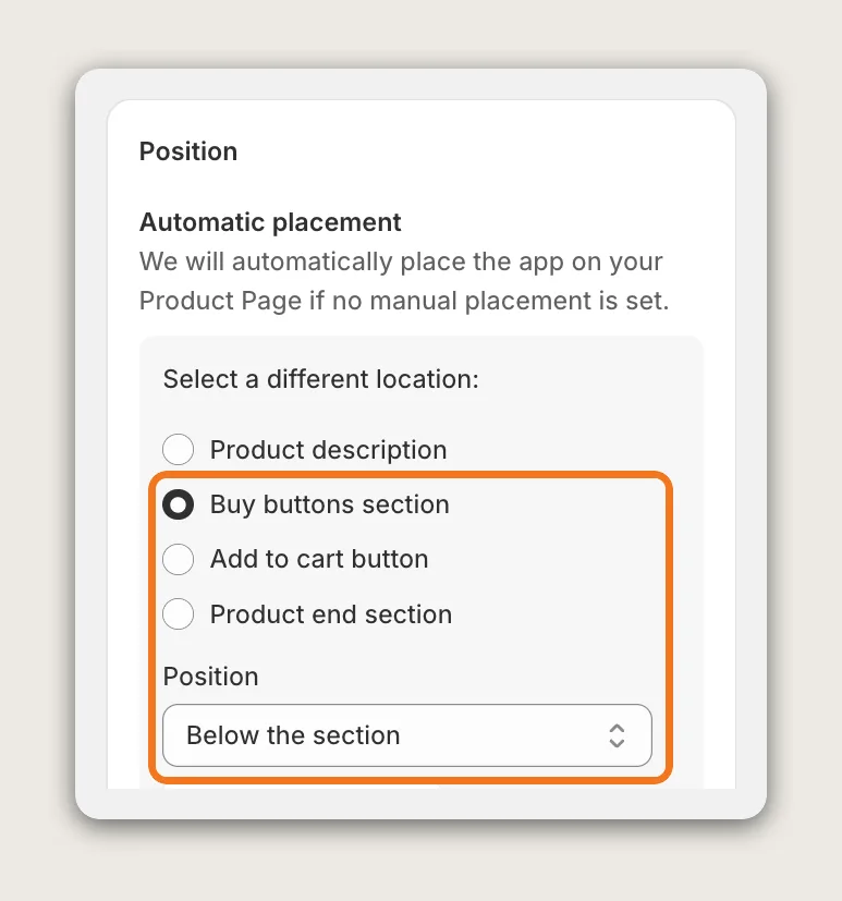 Vitals Shipping Information Position card with Buy buttons section selected and Position set to Below the section highlighted