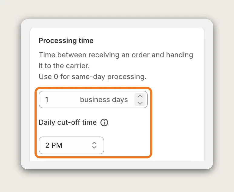 Vitals Shipping Information Processing time card with the 1 business days field and the Daily cut-off time of 2 PM highlighted