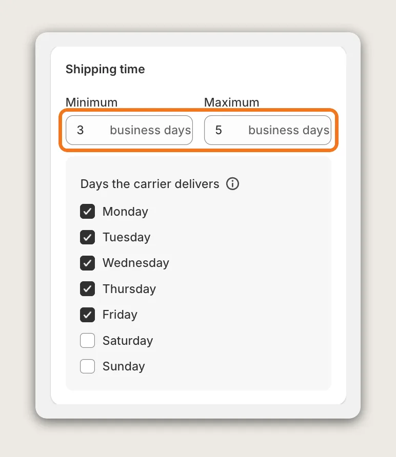 Vitals Shipping Information Shipping time card with the Minimum 3 and Maximum 5 business days fields highlighted above Days the carrier delivers