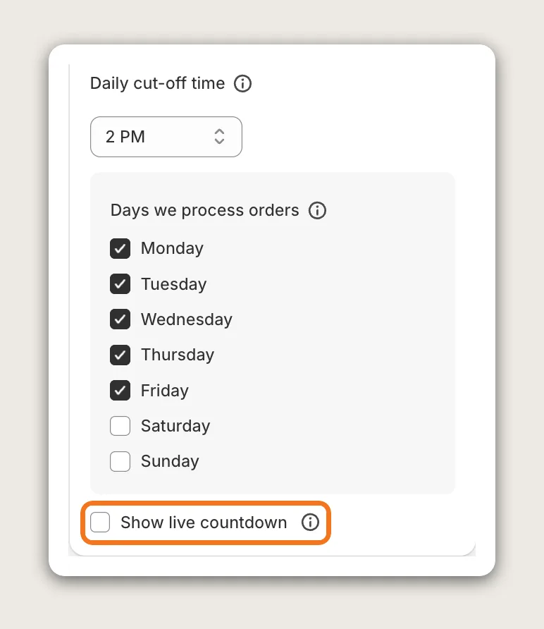 Vitals Shipping Information Processing time card with the Show live countdown checkbox highlighted under Days we process orders