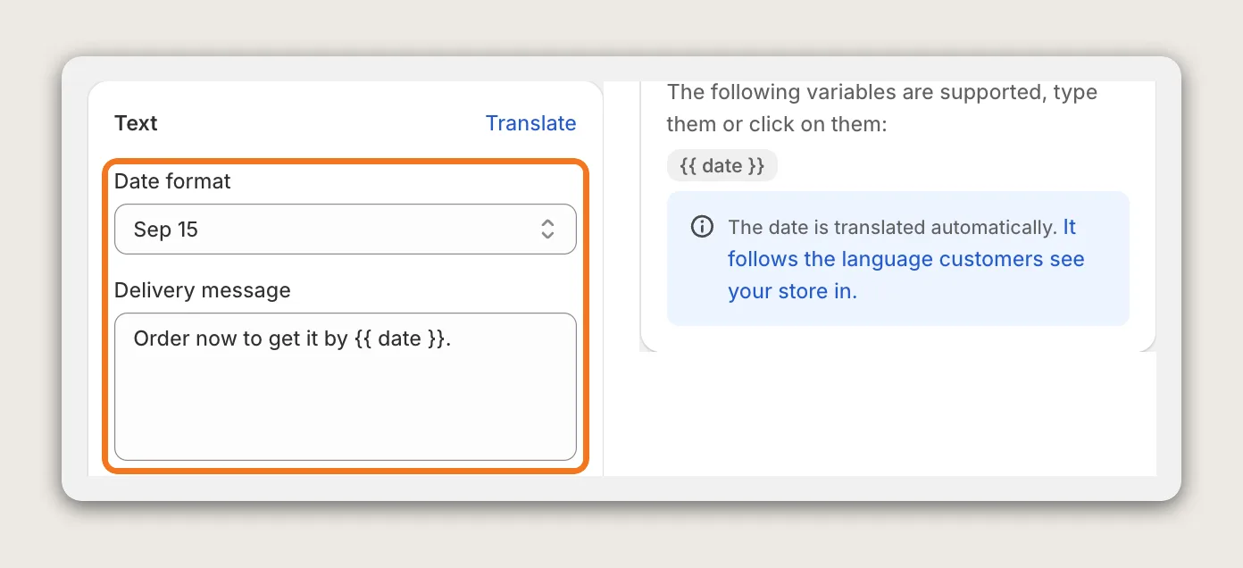 Vitals Shipping Information Text card with the Date format set to Sep 15 and the Delivery message field highlighted