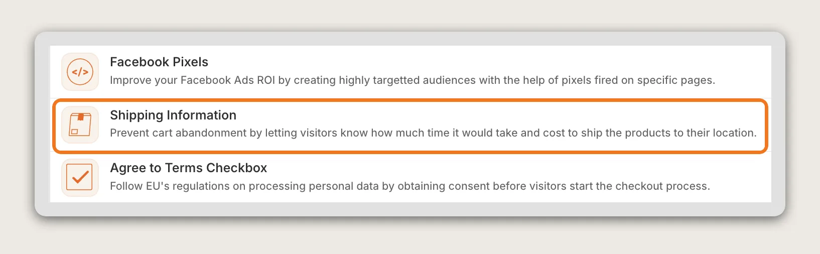 Vitals apps list with the Shipping Information row highlighted between Facebook Pixels and Agree to Terms Checkbox