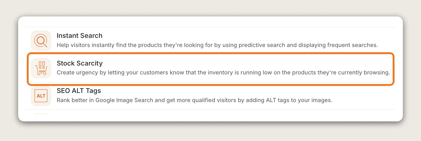 Vitals apps list with the Stock Scarcity row highlighted between Instant Search and SEO ALT Tags