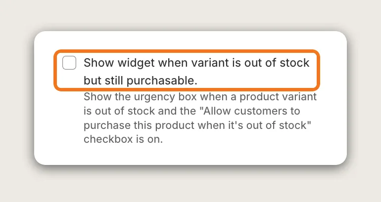 Vitals Stock Scarcity Display card with the Show widget when variant is out of stock but still purchasable checkbox highlighted