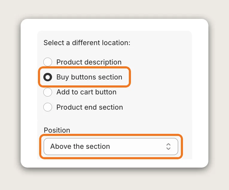 Vitals Stock Scarcity Position card with Buy buttons section selected under Select a different location and the Position dropdown highlighted, set to Above the section