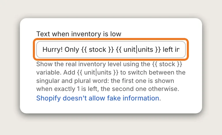 Vitals Stock Scarcity Display card with the Text when inventory is low field highlighted, showing the default text with the stock and unit variables