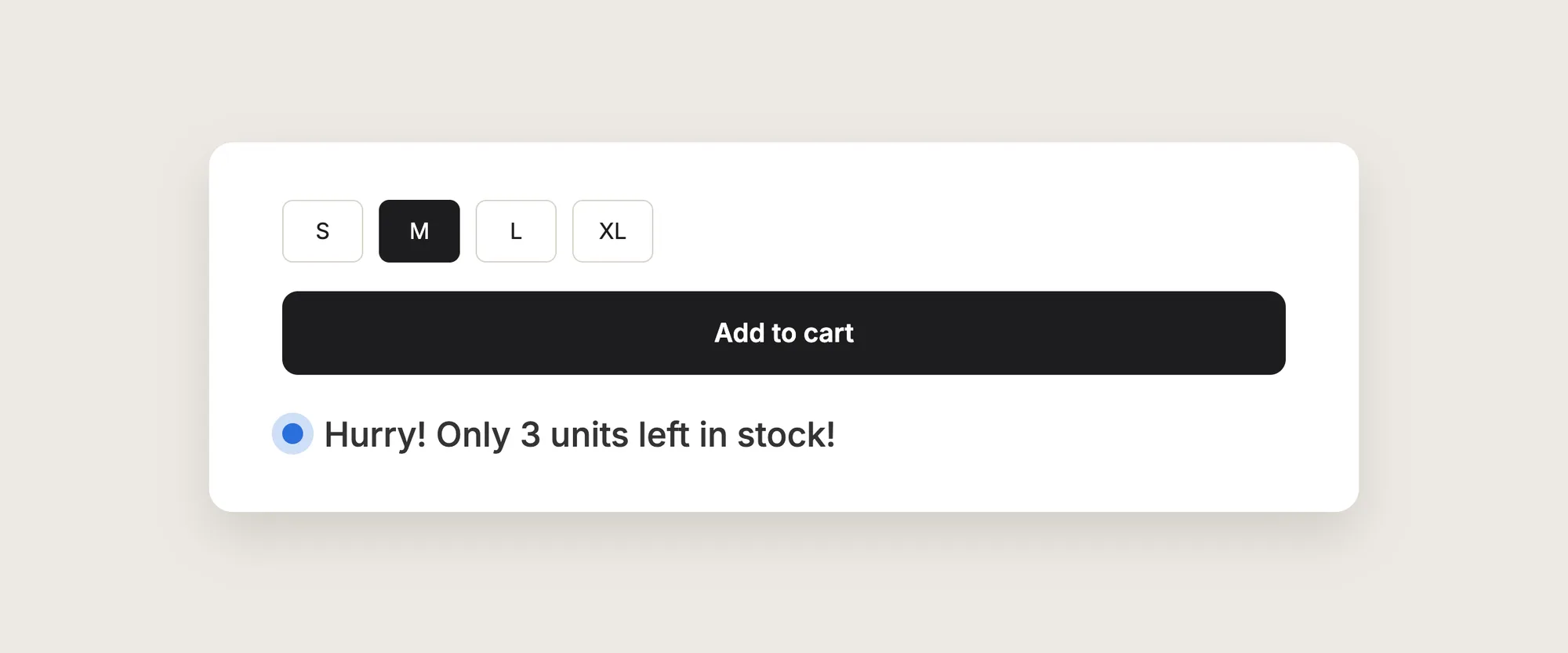 Close-up of the message "Hurry! Only 3 units left in stock!" with a blue dot, under the size picker and the Add to cart button
