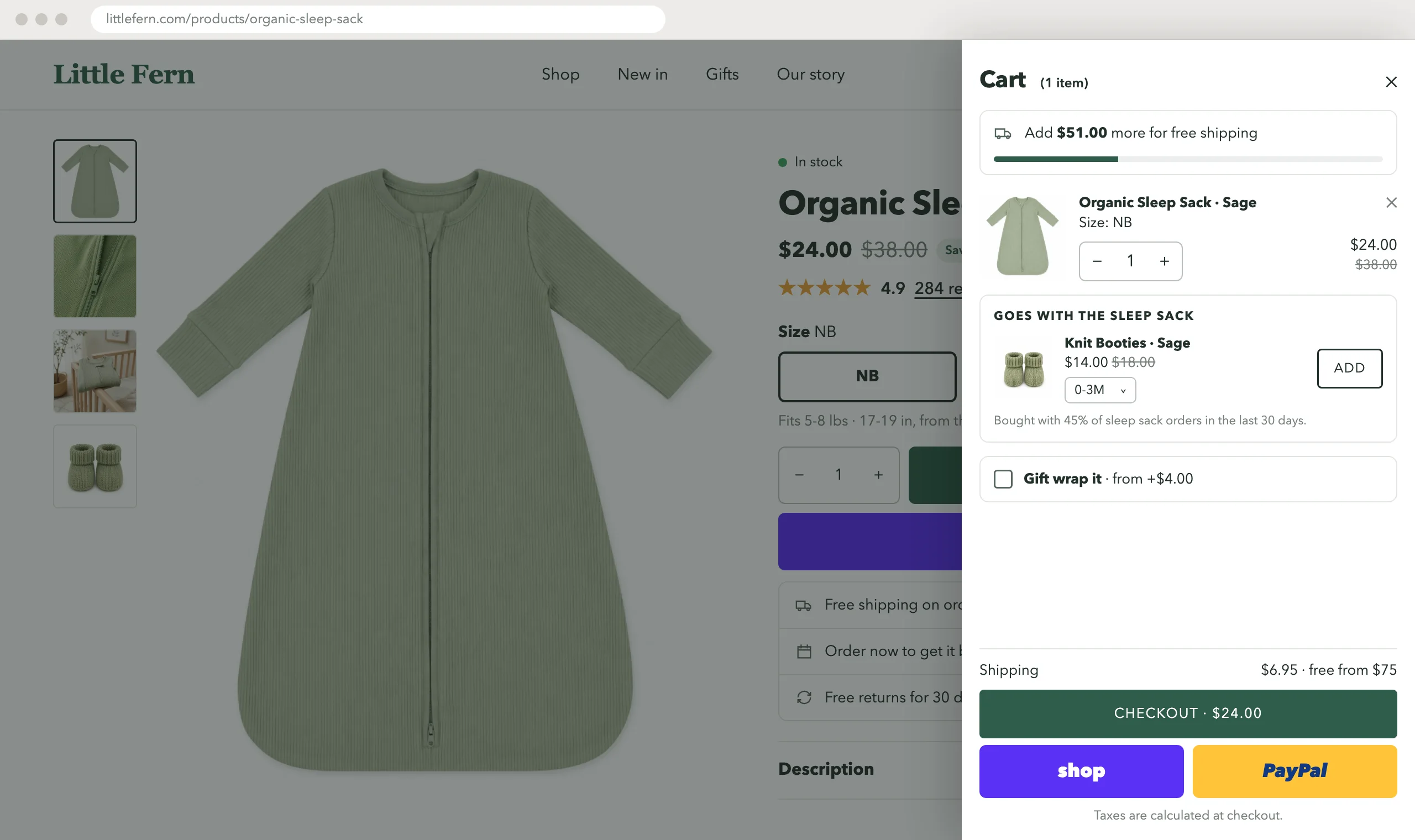 Cart after: a clear free shipping goal, a matching item to add, nothing on the pay buttons