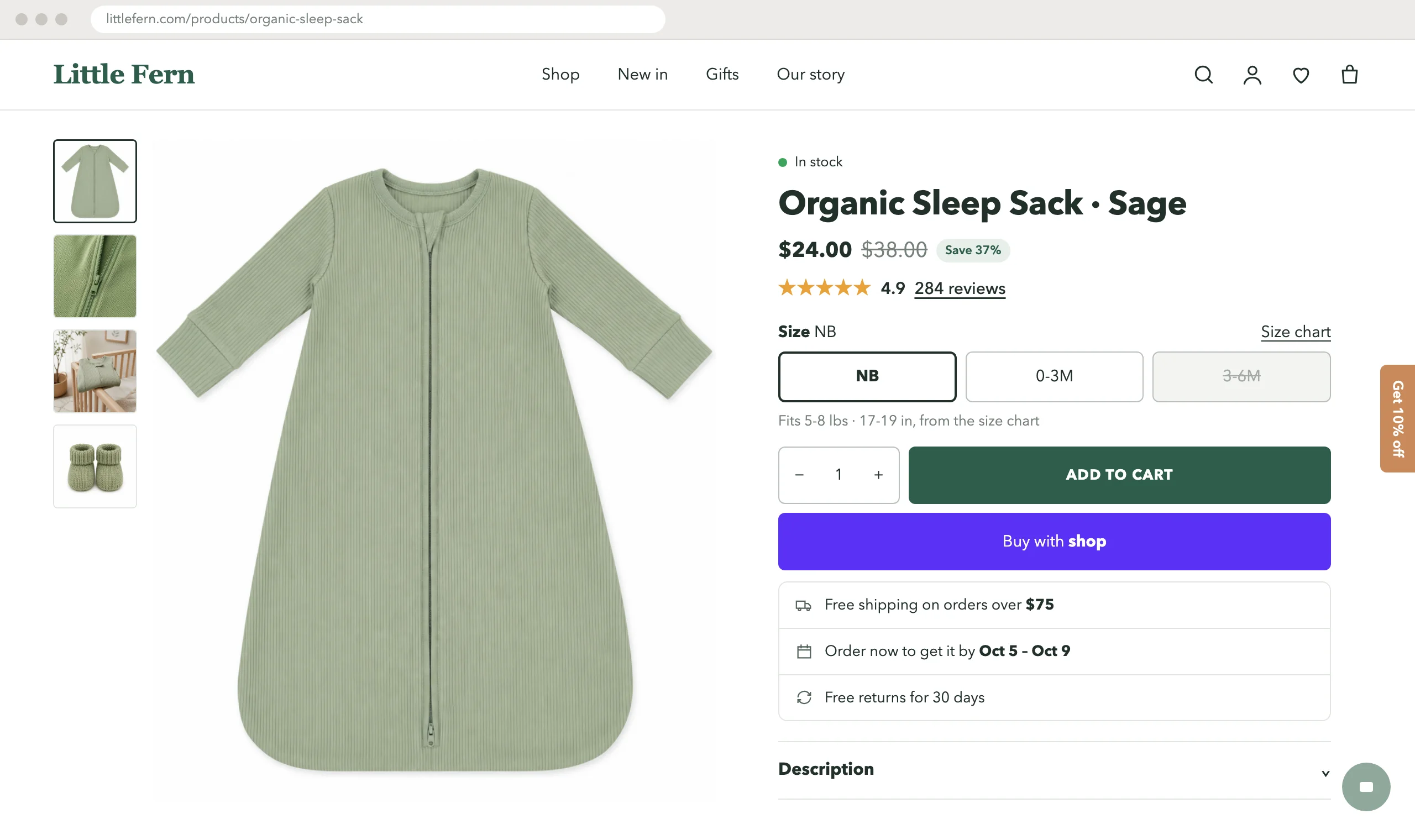 Product page after: sizes and size chart first, the offer is a small side tab, a wishlist heart in the header