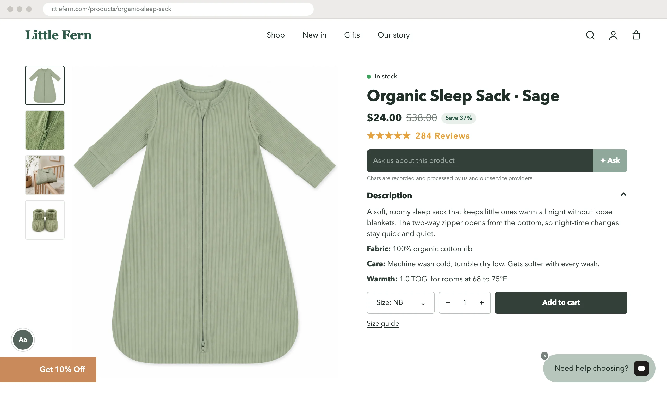 Product page before: the size picker sits under the description, pop-ups cover the page, no wishlist