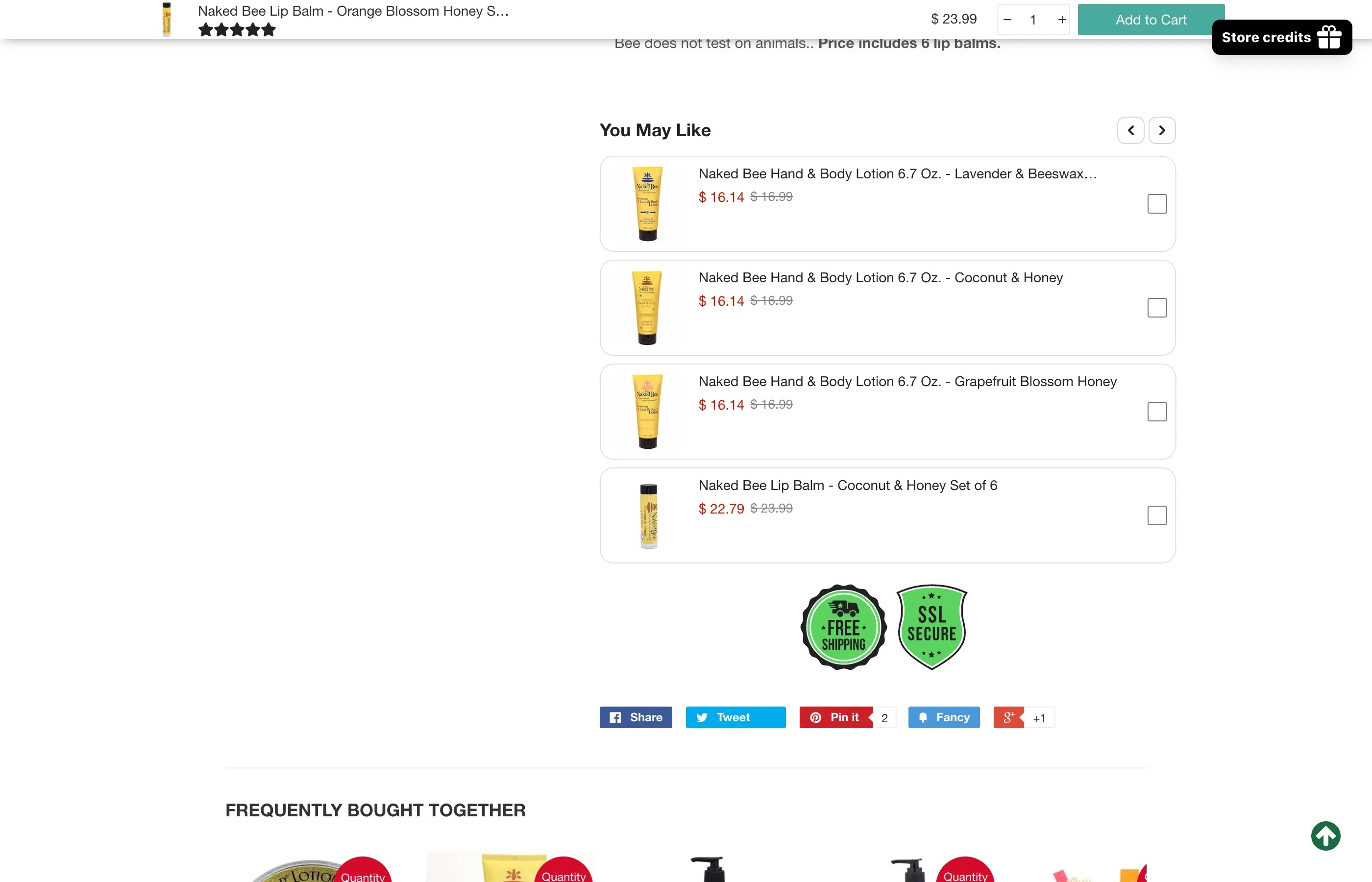 The same product page scrolled down, with the sticky add to cart bar, discounted add-on products and trust badges