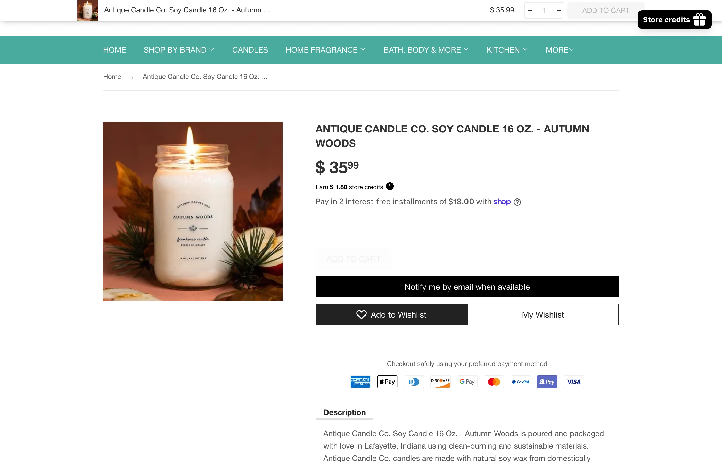A sold-out Antique Candle Co. candle with the Notify me by email when available button