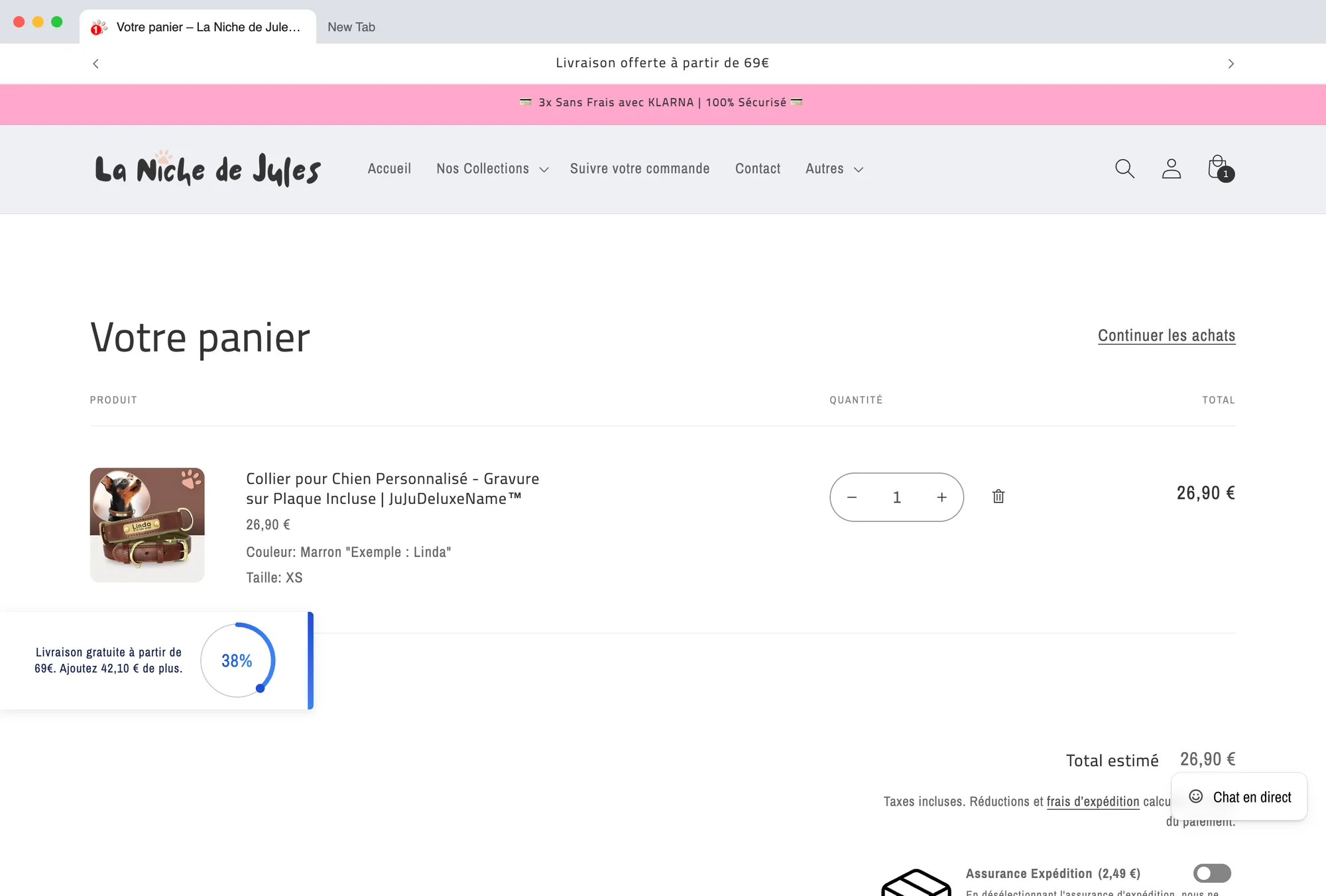 The cart on lanichedejules.com with the free delivery goal, and the browser tab showing the cart count
