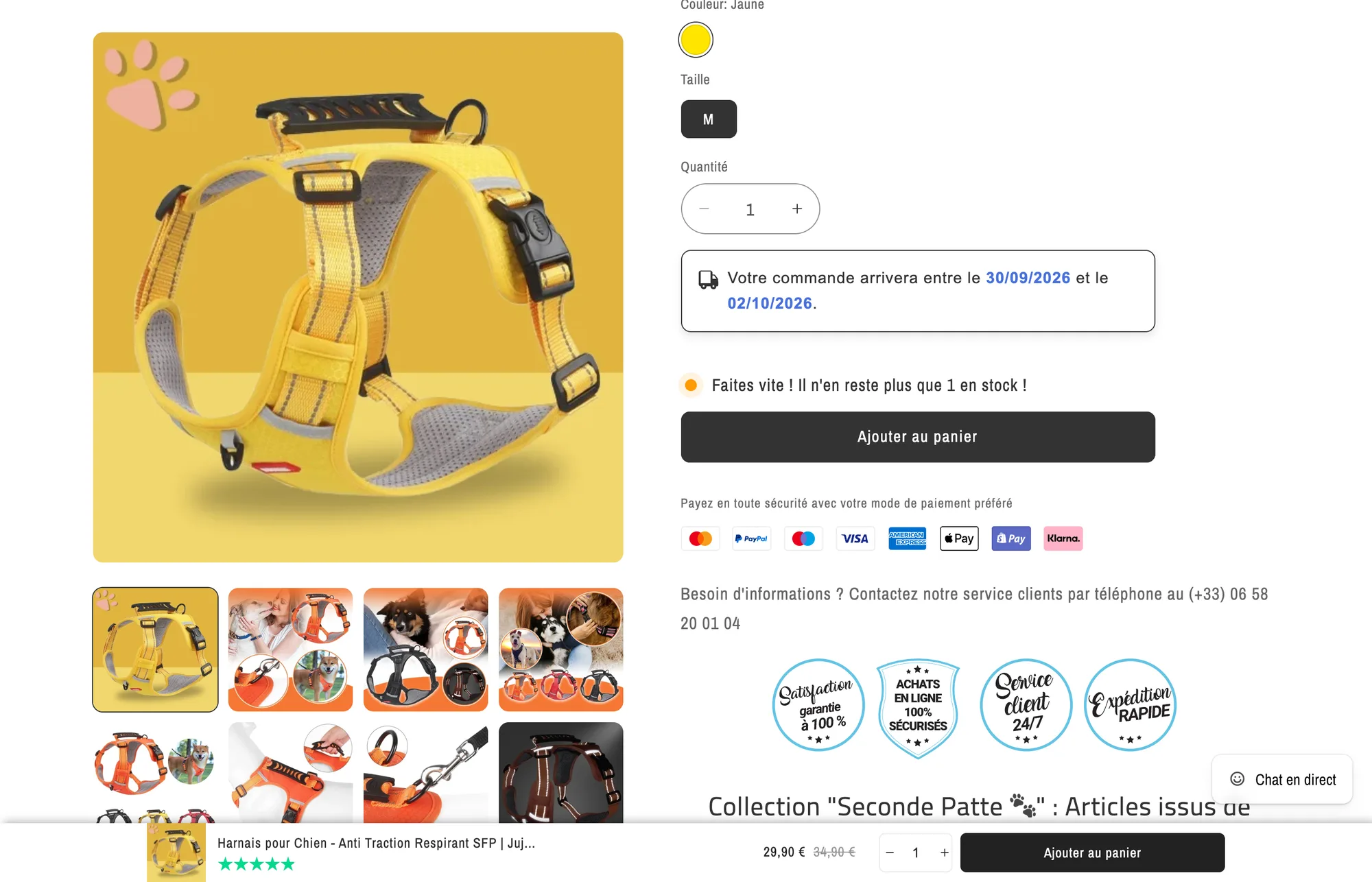 A dog harness product page on lanichedejules.com, with the low stock message, payment logos, trust badges and the sticky add to cart bar