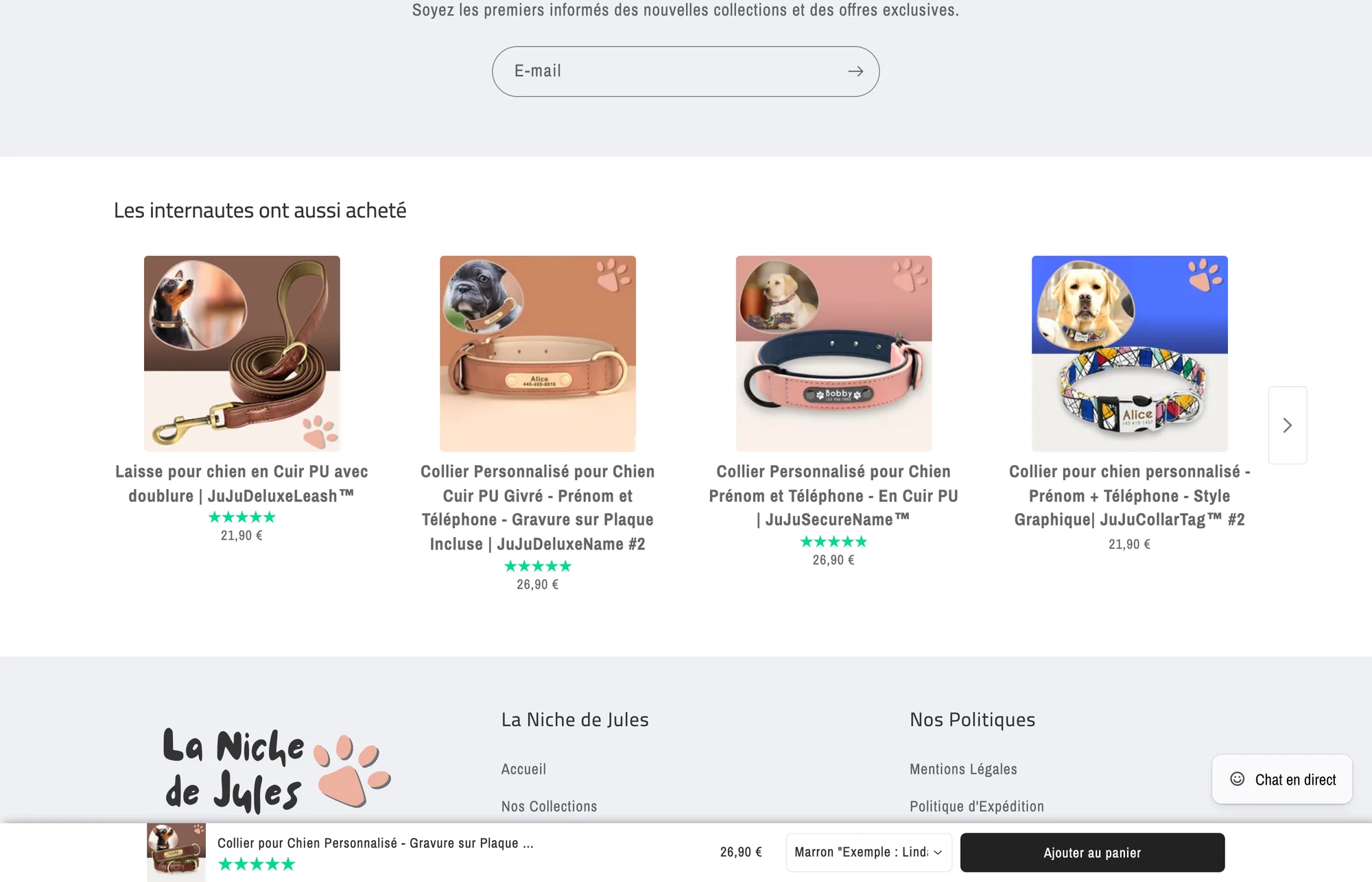 Related products under a dog collar: a leash and three more collars