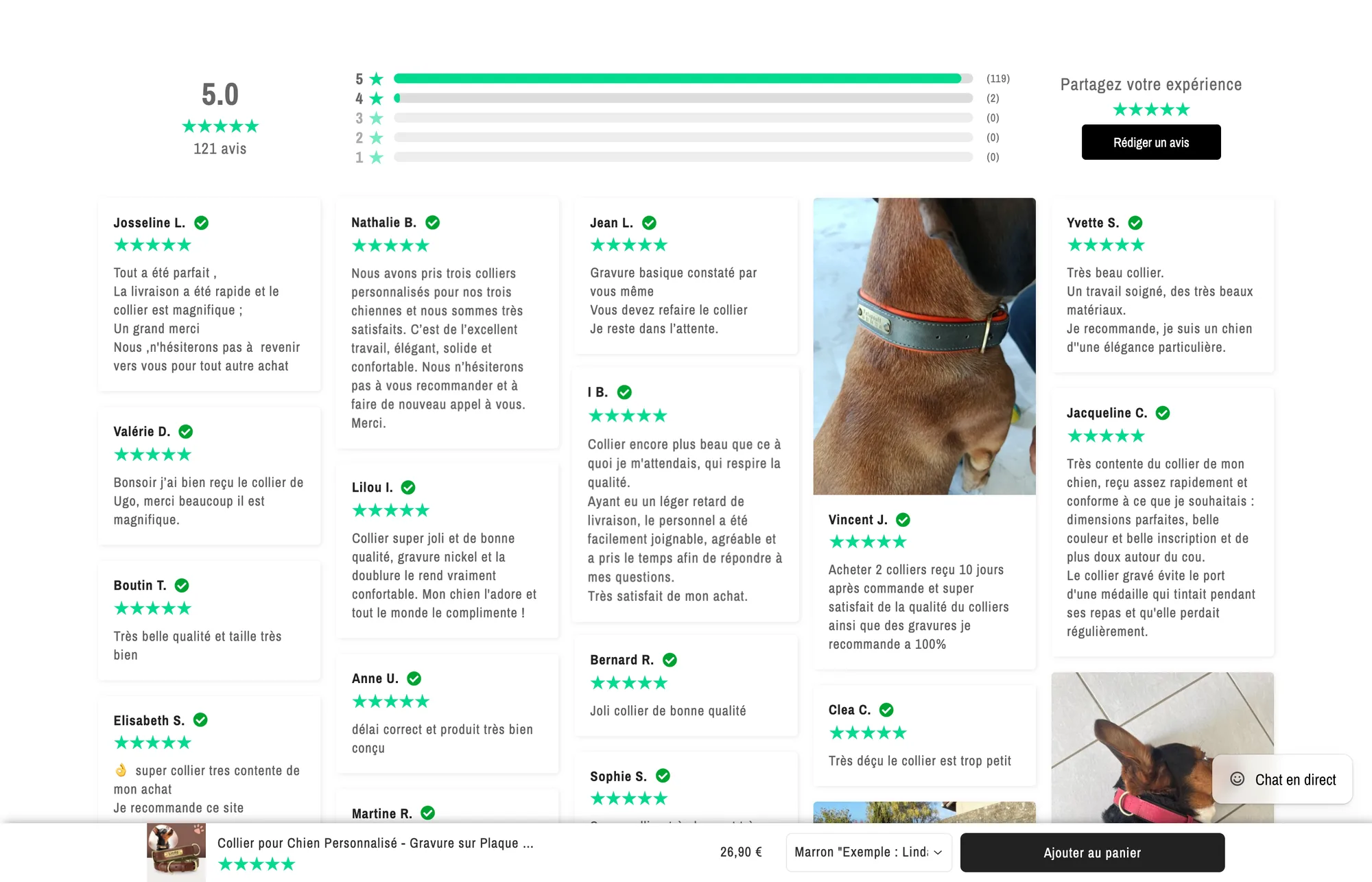 Customer reviews on a personalised dog collar, with photos and verified buyer badges