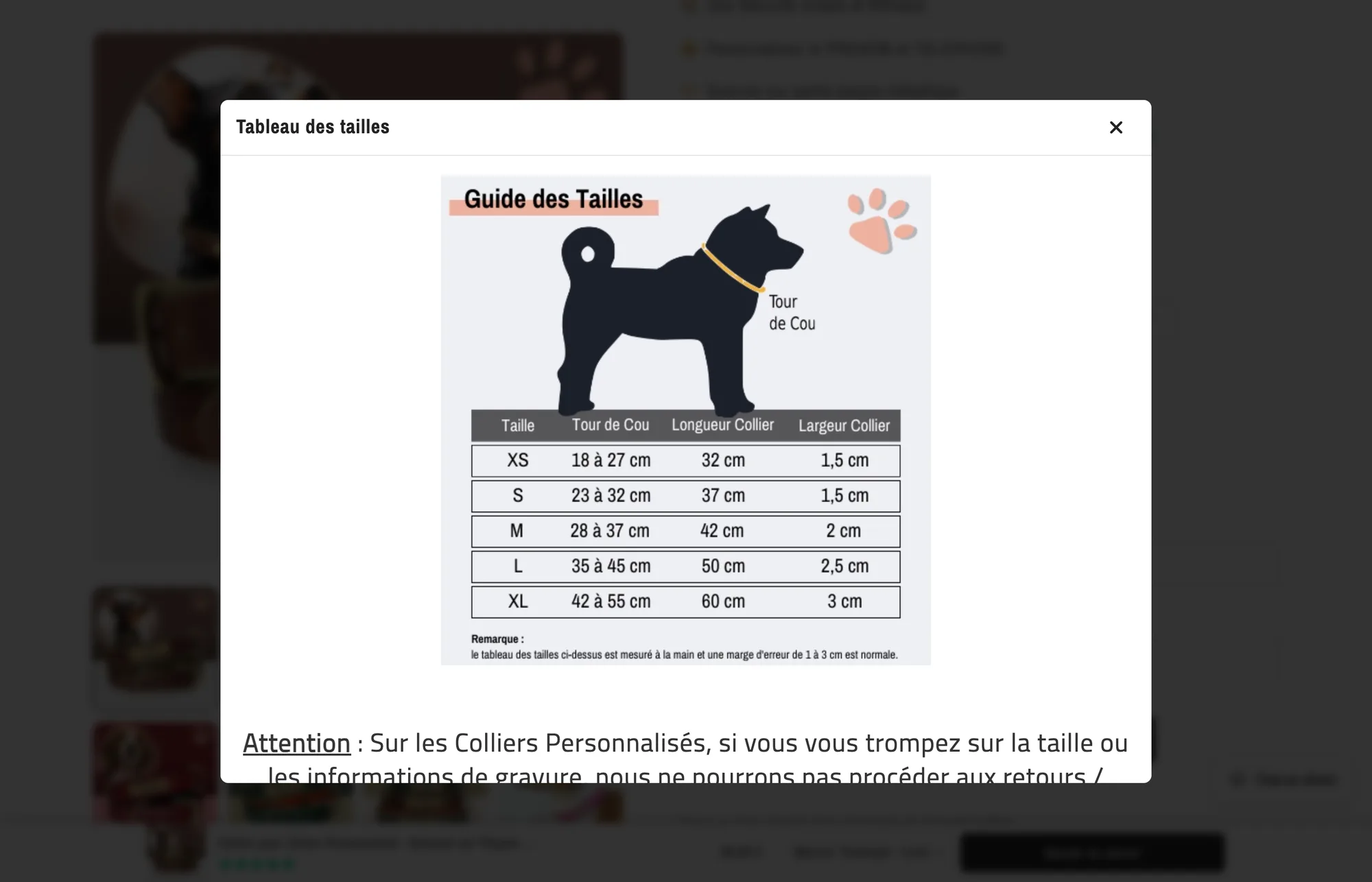 The size chart for a personalised dog collar, with neck size, collar length and width for each size