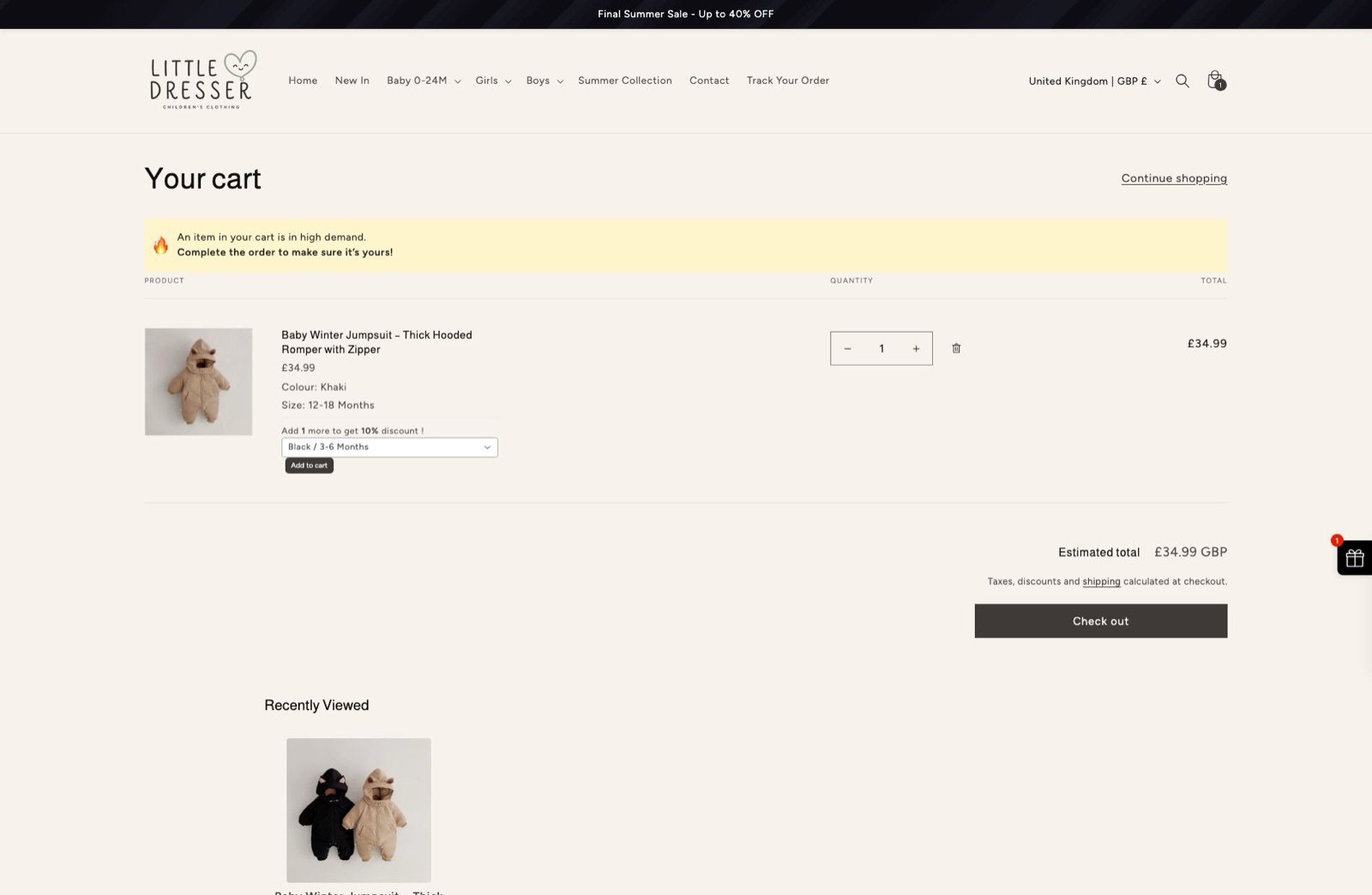 The cart page with the high demand reservation notice and the recently viewed row