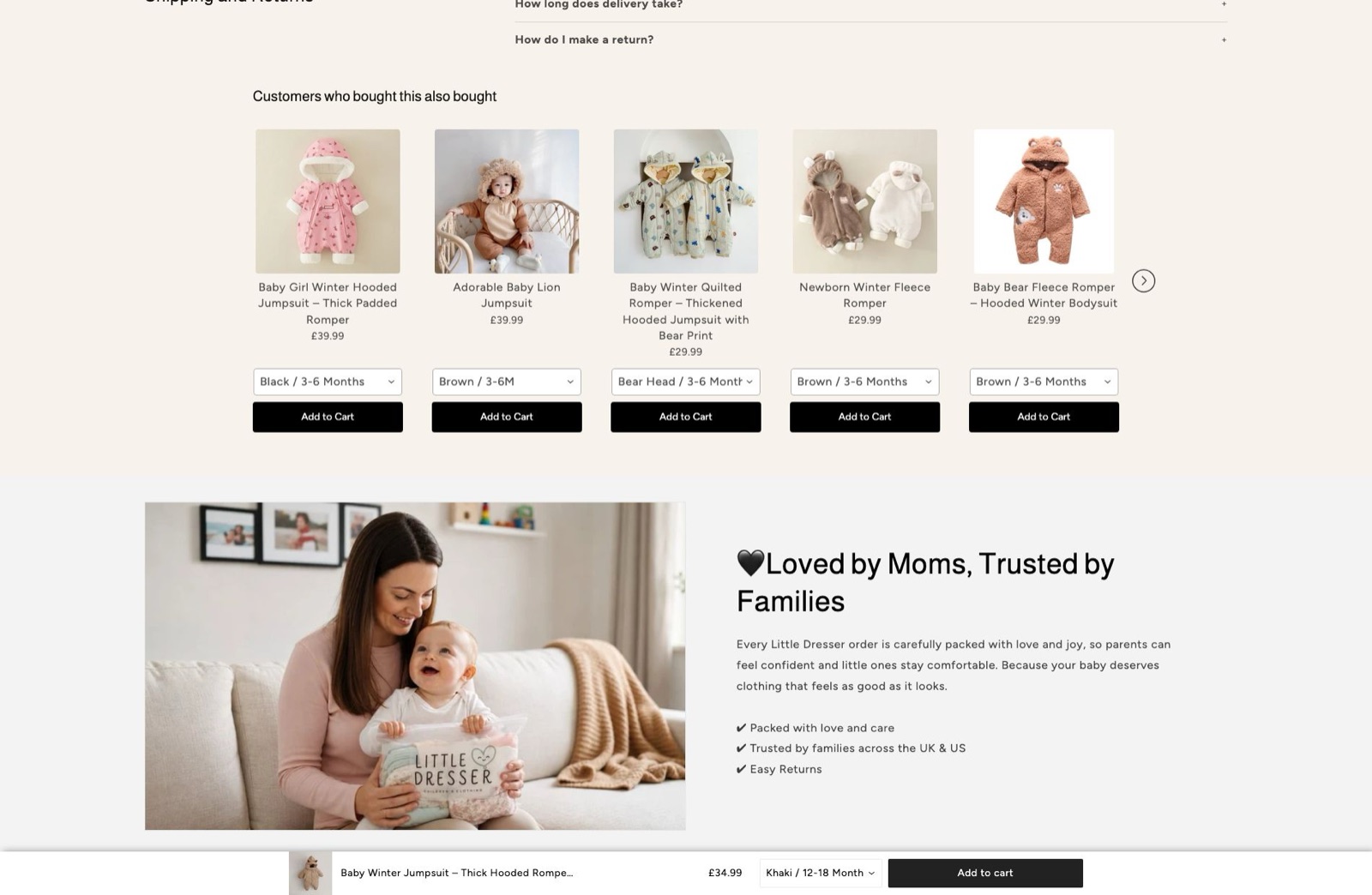 The same product page scrolled down: the customers also bought row, the Loved by Moms theme section and the sticky add to cart bar