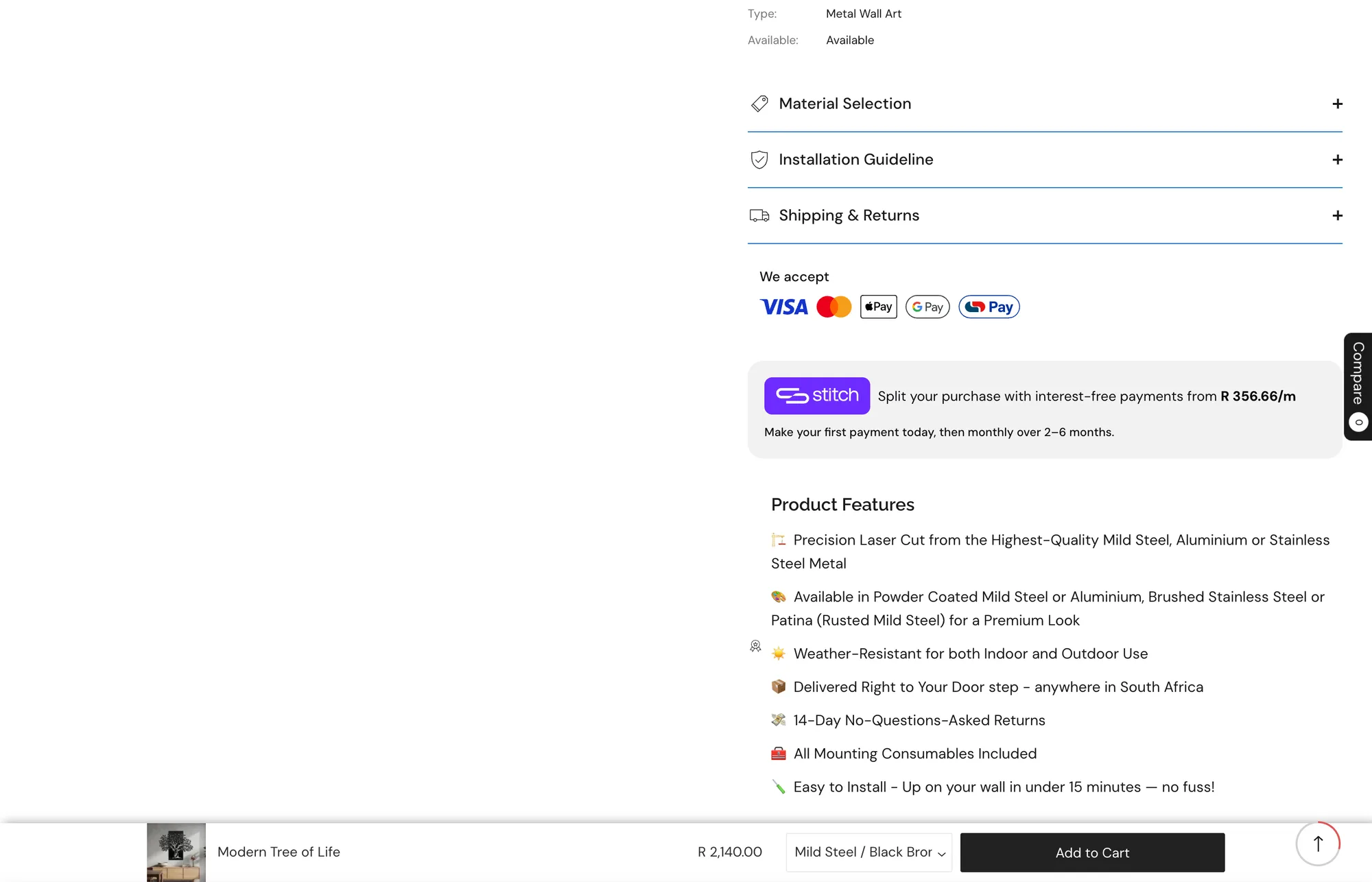 The product details on metalartcafe.co.za, with the accepted payment methods under the shipping and returns section