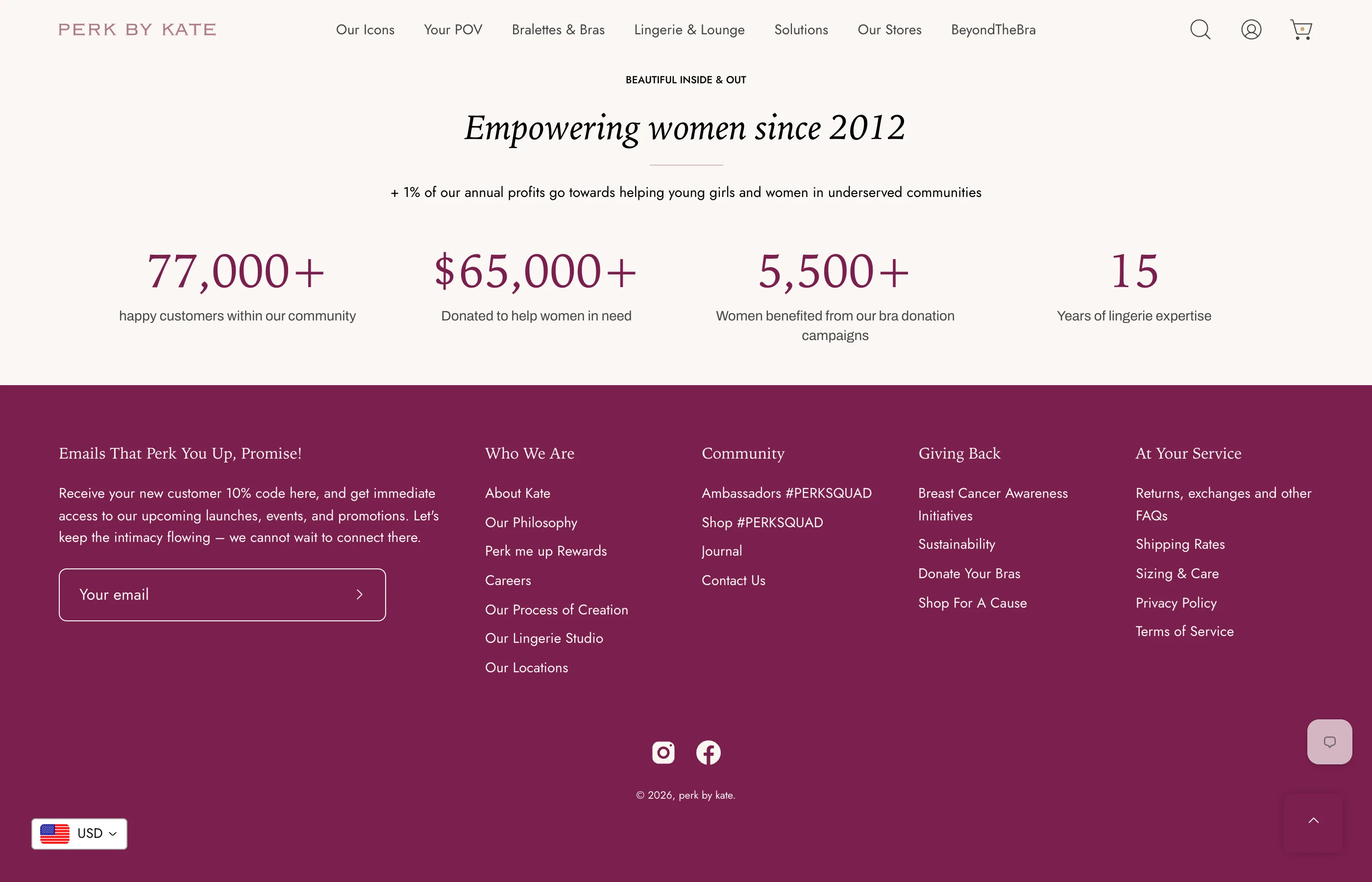 The footer of perkbykate.com with links to Instagram and Facebook